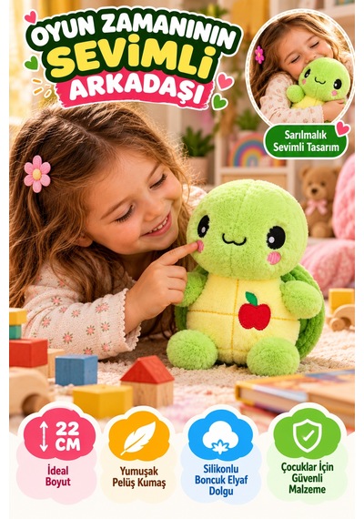 Yeşil Elmalı Kaplumbağa Pelüş Oyuncak 22 Cm Yumuşak Sevimli Çocuk Oyuncağı Sarılmalık Peluş Model Çok Renkli