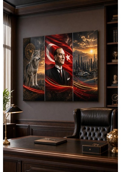 Atatürk Türk Bayrağı Bozkurt Baskılı Cam Tablo Uv Baskı Dekoratif Duvar Tablosu