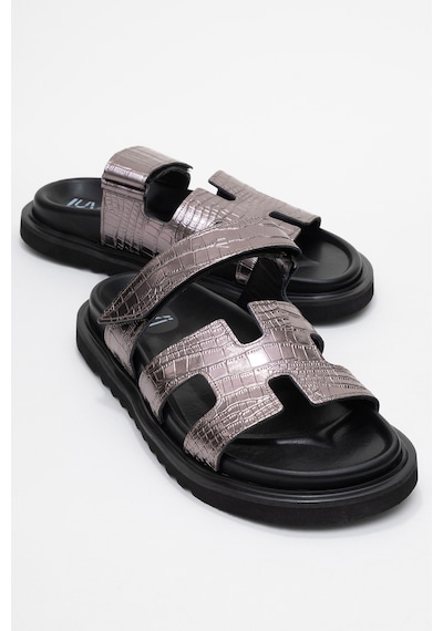 Luvishoes Luvi Shoes Loana Platin Baskı Hakiki Deri Kadın Terlik Platin