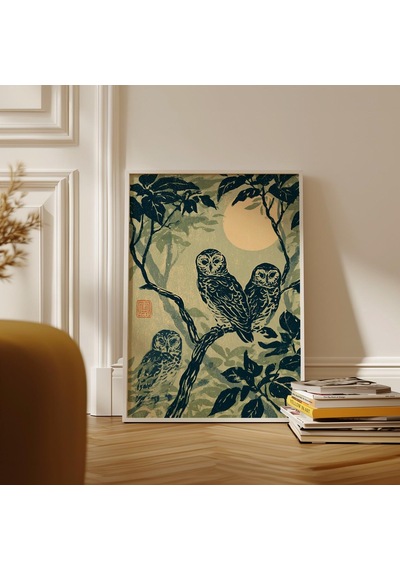 Baykuş Ahşap Baskı Poster Japon Ahşap Baskı Hayvan Sanatı Gece Ormanı Duvar Dekoru
