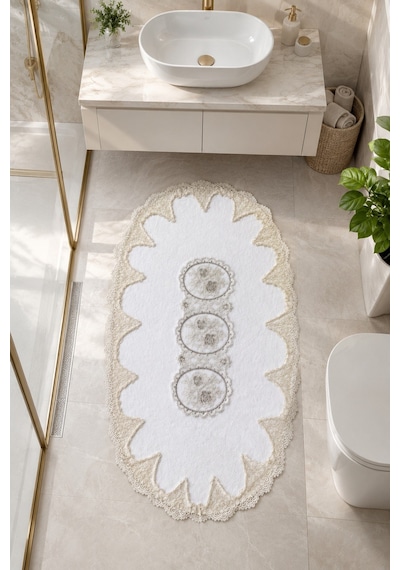 Gold Dantelli Kaymaz Deri Tabanlı Oval Banyo Paspası Güpürlü Yıkanabilir Banyo Takımı Liana Pudra