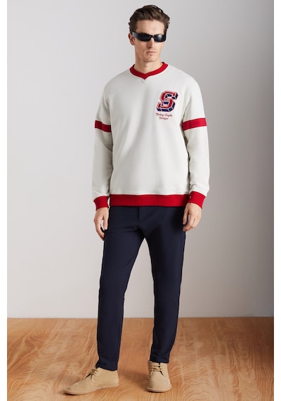 Grımelange Reynon Erkek V Yakalı Aplikeli Organik Pamuklu Içi Polarlı Yumuşacık V Yaka Taş Rengi Sweatshirt