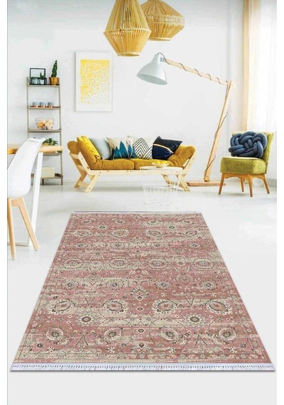 Pembe Vintage Dokuma Pamuk Tabanlı Kaymaz Kilim Klm304n11