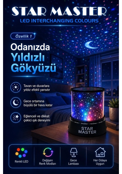 Çocuk Odası İçin Renkli Yıldız Yansımalı Led Gece Lambası Dekoratif Projektör Çok Renkli
