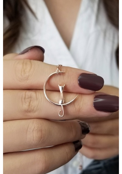 Kadın Hilal Ve Kedi Tasarım 925 Ayar Gümüş Kolye Rose Gold