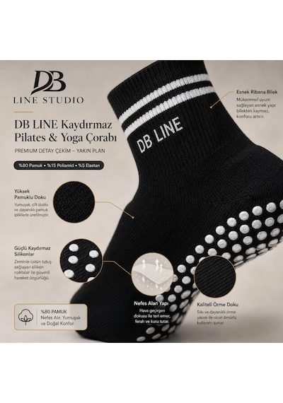 Elitse Db Lıne Kaydırmaz 8'li Pilates Yoga Çorabı Pamuklu Silikon Tabanlı Barre Stüdyo Spor Çorabı Siyah