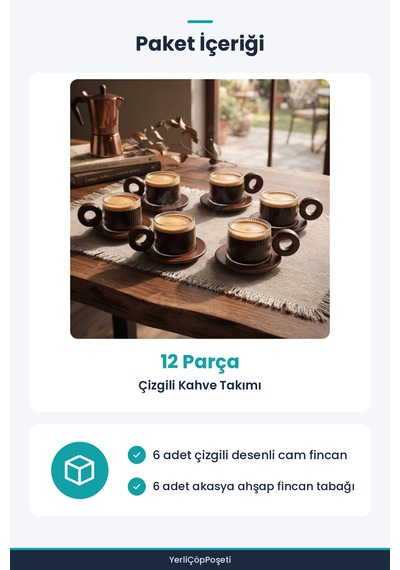 12 Parça Çizgili Akasya Kahve Takımı - 6 Parça Fincan Tabağı - 6 Parça Çizgili Desenli Cam Şeffaf