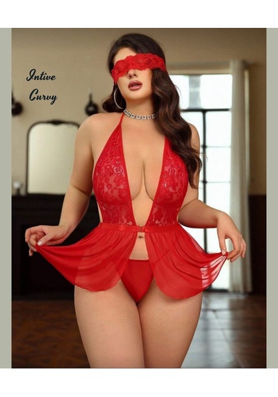 Intive Curvy Kırmızı Derin Dekolte Transparan Tül Dantel Detaylı Kırmızı