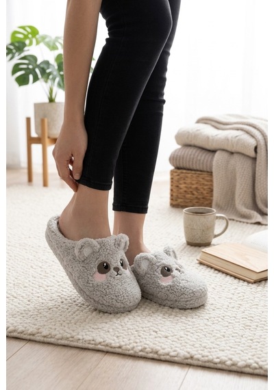 Modafrato Teddy Bear Kadın Ev Terliği Kışlık Terlik Kauçuk Ses Yapmayan Taban Gri