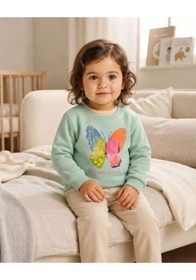 Tuffy Mint Nil Yeşili Kelebek Baskılı Bebek Sweatshirt Rahat Kalıp