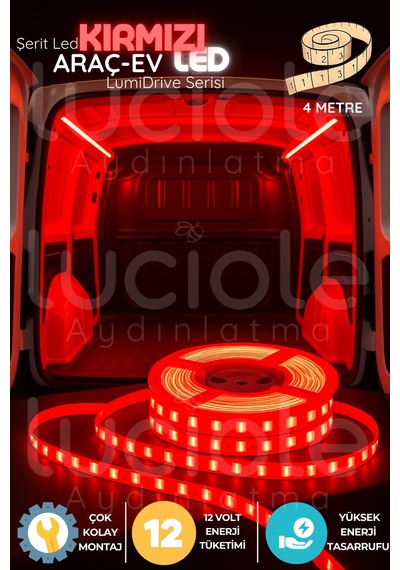 Lumidrive 4m Kırmızı Şerit Led 12v, 240 Çipli, Kesilebilir, Yapışkanlı, Lehimli Bağlantı Uçlu