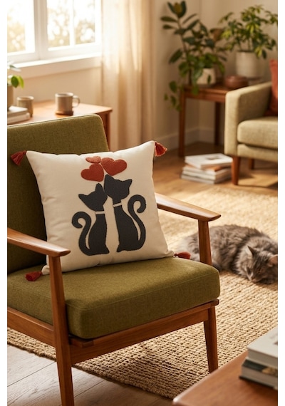 İki Kedi Ve Kalp Motifli Kabartmalı Punch Nakışlı Püsküllü Dekoratif Kırlent Kılıfı 42x42 Cm Pamuk Bej