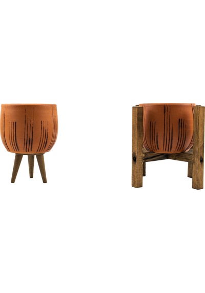 Bitki Tasarımı Ev Dekorasyon Siyah Çizgi Desenli Terakota Toprak Saksı Saksılık Salon Çiçeklik İkili Set 3 Ayaklı, 4 Ayaklı 12 Cm