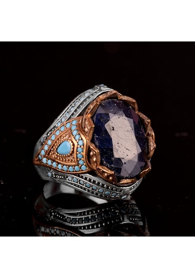 Gerçek Doğal Safir Taşlı Yüzük, 925 Ayar Gümüş Erkek Yüzüğü Gümüş