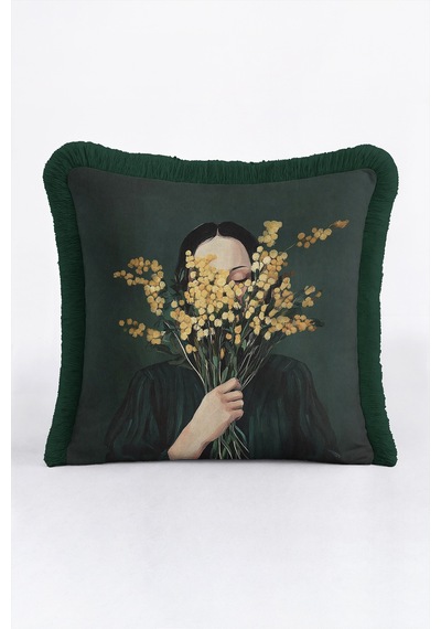 Kadın Çiçek Figürlü Saçaklı Yastık Kılıfı - Sanatsal Floral Modern Sarı Gri Püsküllü Kırlent Kılıfı Uzak Sahil Aura Kadın Çiçek Figürlü Saçaklı Yastık Kılıfı - Sanatsal Floral Modern Sarı Gri Püsküllü Kırlent Kılıfı Uzak Sahil Aura