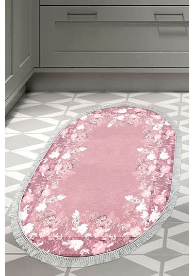 Dijital Baskılı Oval Salon Halısı Kaymaz Yıkanabilir Keçe Taban Saçaklı Çiçekli P1388 Bordo