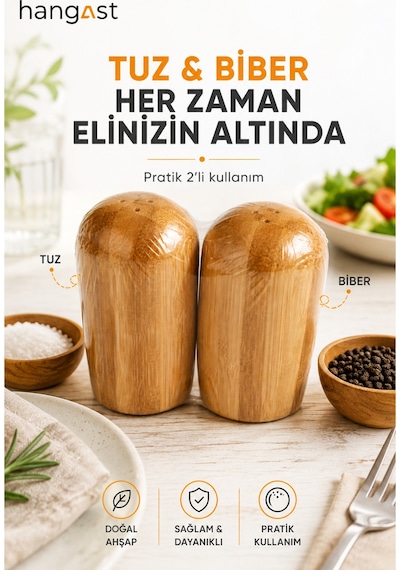 Bambu 2'li Ahşap Tuzluk Biberlik Seti Doğal Ahşap Tuz Ve Baharatlık Mutfak Masa Üstü Baharatlık Bej