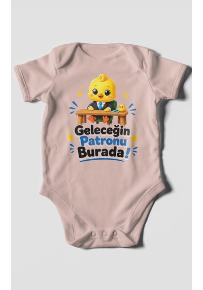 Morivokids Geleceğin Patronu Burada Kısa Kollu Bebek Body %100 Pamuk Pastel Pembe