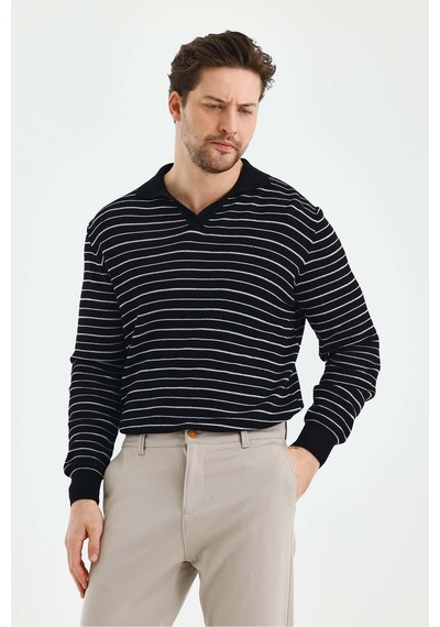 Cool Tarz Erkek Patlı Slim Fit Çizgi Detaylı Uzun Kollu Polo Yaka Triko Kazak Siyah Siyah