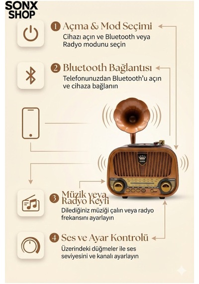 Büro Ev Ofis si İçin Gramofon Stil Nostaljik Müzik Çalar Bluetooth Hoparlörlü Radyo
