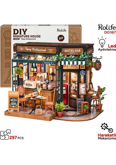 Rolife Dg167 İçkili Restoran Tipsy Restaurant Dıy Minyatür Maket Model Seti Mini Dollhouse 3d Model Kit Detaylı Dekoratif Hobi Seti 3d Puzzle Tiny House