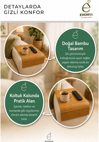 Evonita Bambu Koltuk Kolu Sehpası Bardaklıklı Kumandalıklı Kolçak Tepsisi Katlanabilir Organizer Diğer