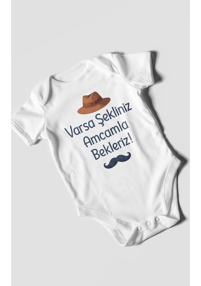 Morivokids Varsa Şekliniz Amcamla Bekleriz Kısa Kollu Bebek Body %100 Pamuk Beyaz