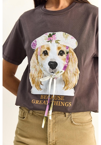 Shade Kadın Baskı Ve Payet Detaylı Fiyonklu Basic T-shirt 7643 60286115 - Kahverengi