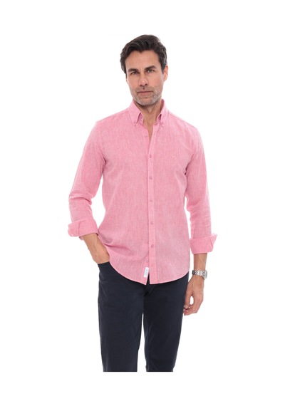Slim Fit Uzun Kol Yaka Düğmeli Nefes Alan Keten Hediye Kutulu Erkek Gömlek Fs-004548 - Yavruağzı-3226 Kırmızı - Turuncu