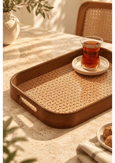 Atbyhome Akasya Çerçeveli Hazeran Dikdörtgen Tepsi 40x28 Cm - Kulplu Bohem Çay Kahve Sunum Tepsisi