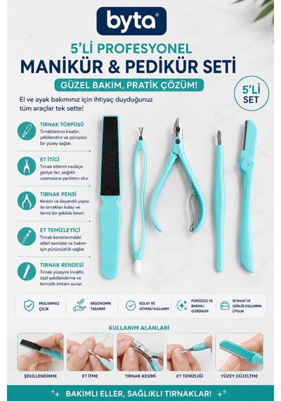 5 Li Profesyonel Manikür Pedikür Seti Tırnak Pensi, Törpü, Et İtici Ve Bakım Aparatları