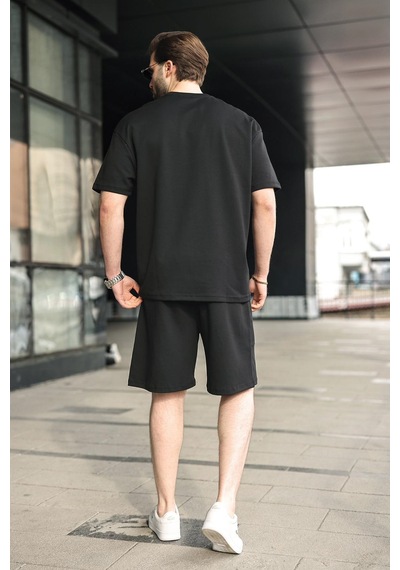 Madmext Siyah Bisiklet Yaka Oversize Erkek Şort T-shirt Takım E7355 Siyah