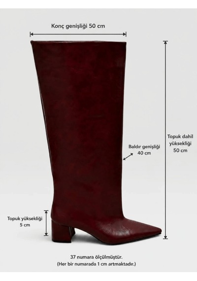 Erva'nın Butiği Bordo Cilt Losy Xl Geniş Konç Kalın Bacak 5 Cm Topuklu Çizme-6406