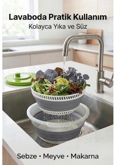 Katlanabilir Salata Kurutucu - Süzgeç Ve Kase Seti - 3 Ü 1 Arada 4.5 Litre Gri
