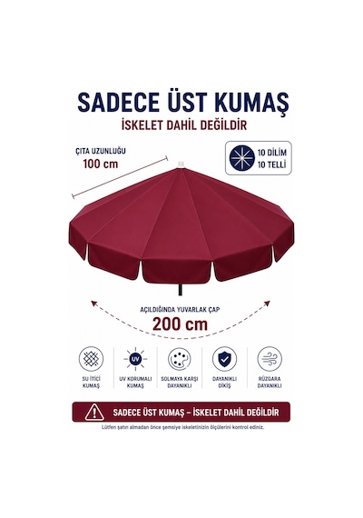 Bordo Polyester Kumaş, 200 Cm / 10 Telli Plaj Şemsiyesi Uyumlu