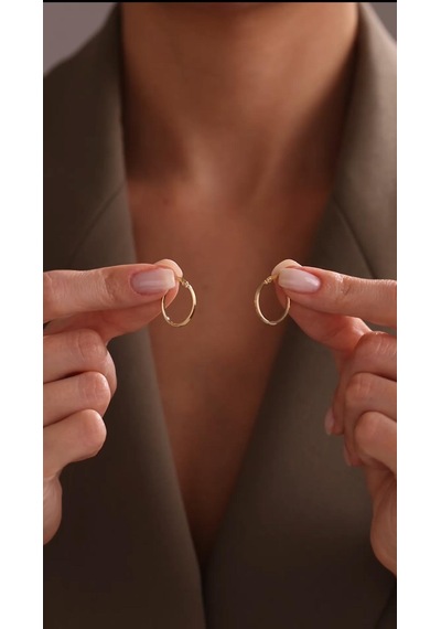 Bayar Gold 14 Ayar Altın İtalyan Sade Çizgili Oval Küpe Sarı Altın