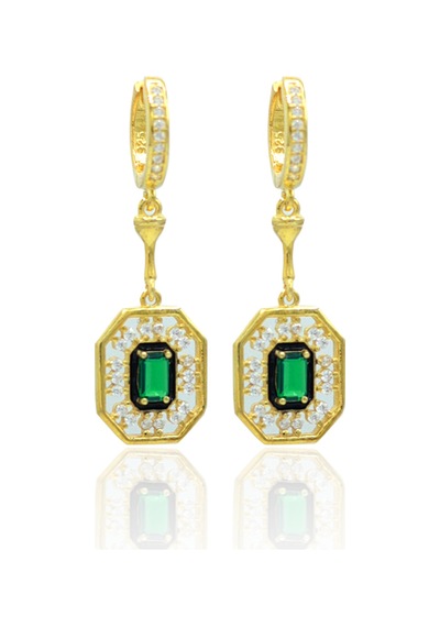 Zümrüt Taşlı Sekizgen Model Gold Kaplama 925 Ayar Gümüş Üçlü Set 201024003 Gold