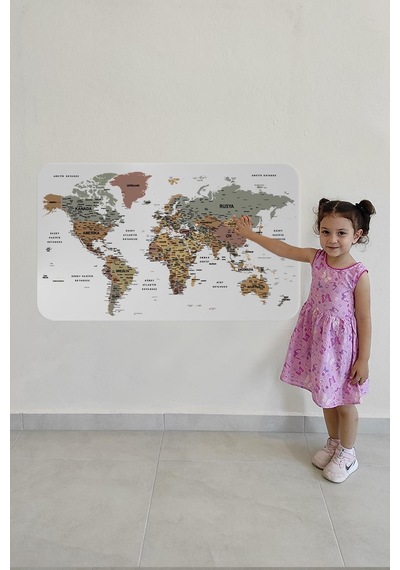 Türkçe Eğitici Ülke Ve Başkent Detaylı Atlası Dünya Haritası Duvar Sticker -60x105-3852 - Renkli Çok Renkli