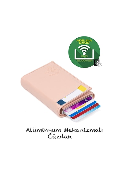 Adelina Bags Pudra Pembe Nova Deri Mekanizmalı Otomatik Kızaklı Kartlık Pudra