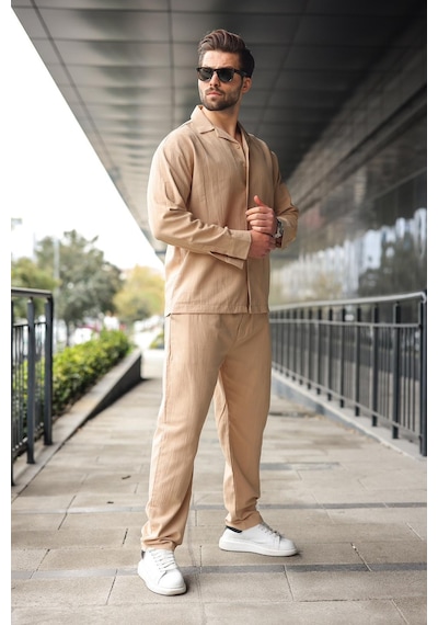 Madmext Bej Düğmeli Basic Erkek Gömlek Pantolon Takım E7335 Bej