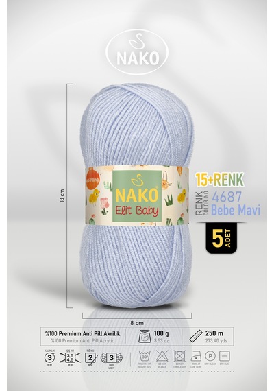 Elit Baby - 4687 Bebek Mavi - 5'li Paket - 100gr/250m - Bebek İpi - Anti Pilling Tüylenmez İp