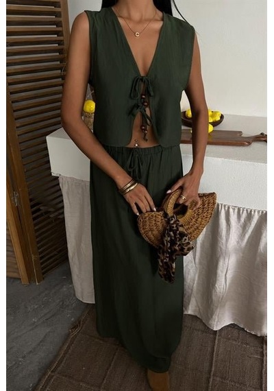 Moderie Butik Yelek Önden Bağlamalı Uzun Etekli Takım 10192 Haki