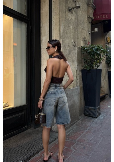 Meecy Kadın Taşlı Yıkamalı Kot Bermuda Şort Salaş Kesim Jean Şort Tint1 Tint1