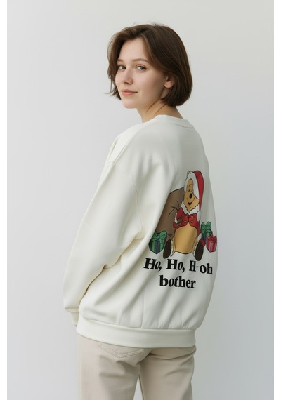 Feg Store Oversize Winnie The Pooh Baskılı İçi Polarlı Yumuşak Dokulu Sweatshirt Beyaz