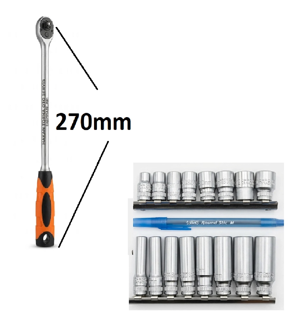Rico 1/4 Uzun Cırcır Lokma Kolu 270mm 1/4 Uzun Kısa Lokma Takımı 17 Parça