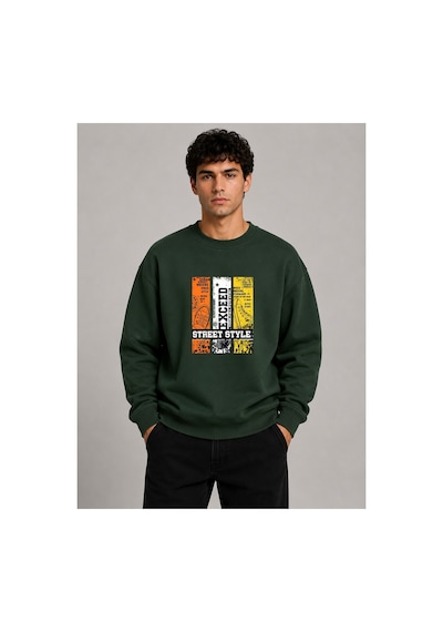 Herkesemoda Exceed Baskı Detaylı Bisiklet Yaka Şardonlu 2 İplik Sweatshirt Yeşil