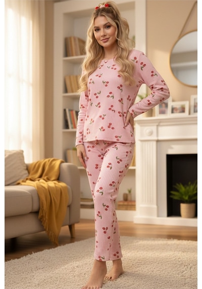 Siyah İnci Yumuşak Tuşe Kışlık Fitilli Pamuklu Örme Pijama Takım 7977 Somon Kiraz Siyah İnci Yumuşak Tuşe Kışlık Fitilli Pamuklu Örme Pijama Takım 7977 Somon Kiraz