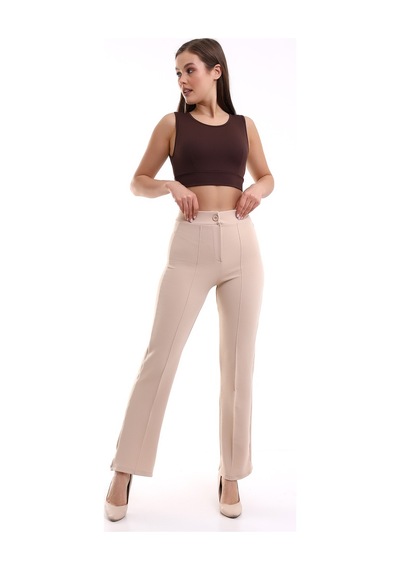 Winmoda34 Kadın Ultra Yüksek Bel Önü Dikişli Palazzo Pantolon Krem