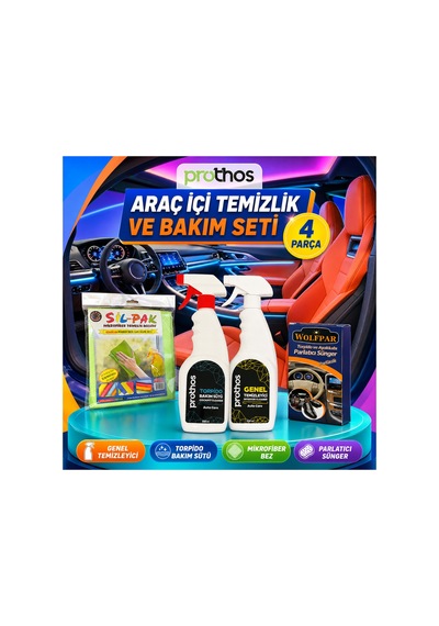 Araç İçi Temizlik Ve Bakım Seti 4 Parça Genel Temizleyici 500 Ml, Torpido Bakım Sütü, Mikrofiber Bez Ve Parlatıcı Sünger