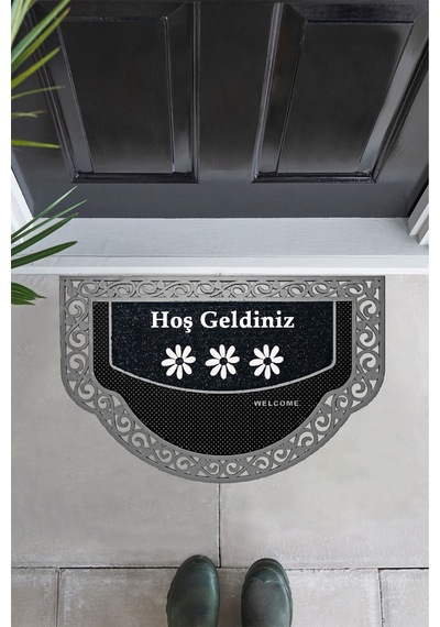 Yarım Ay Modeli Hoş Geldiniz Yazlı Çiçek Desenli Kapı Önü Paspası Gümüş